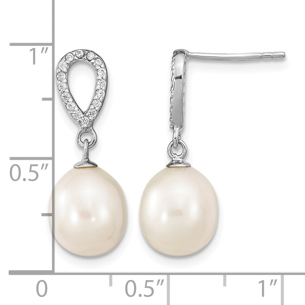 Sterling Silver Rhodium-plated 8-9mm White Rice Freshwater Cultured Pearl and CZ Post Dangle Earrings