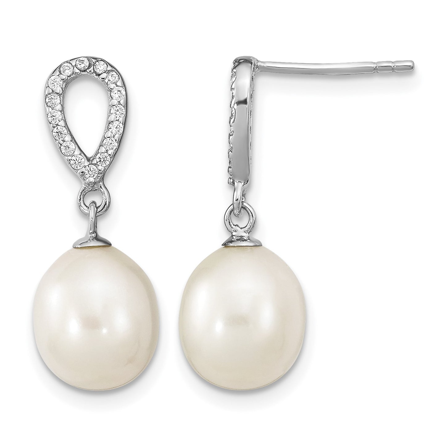 Sterling Silver Rhodium-plated 8-9mm White Rice Freshwater Cultured Pearl and CZ Post Dangle Earrings