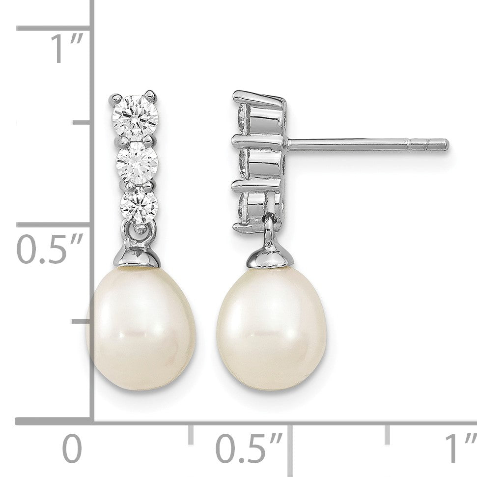 Sterling Silver Rhodium-plated 7-8mm White Rice Freshwater Cultured Pearl and CZ Post Dangle Earrings