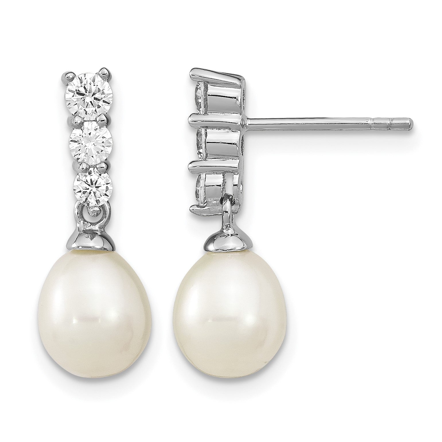 Sterling Silver Rhodium-plated 7-8mm White Rice Freshwater Cultured Pearl and CZ Post Dangle Earrings