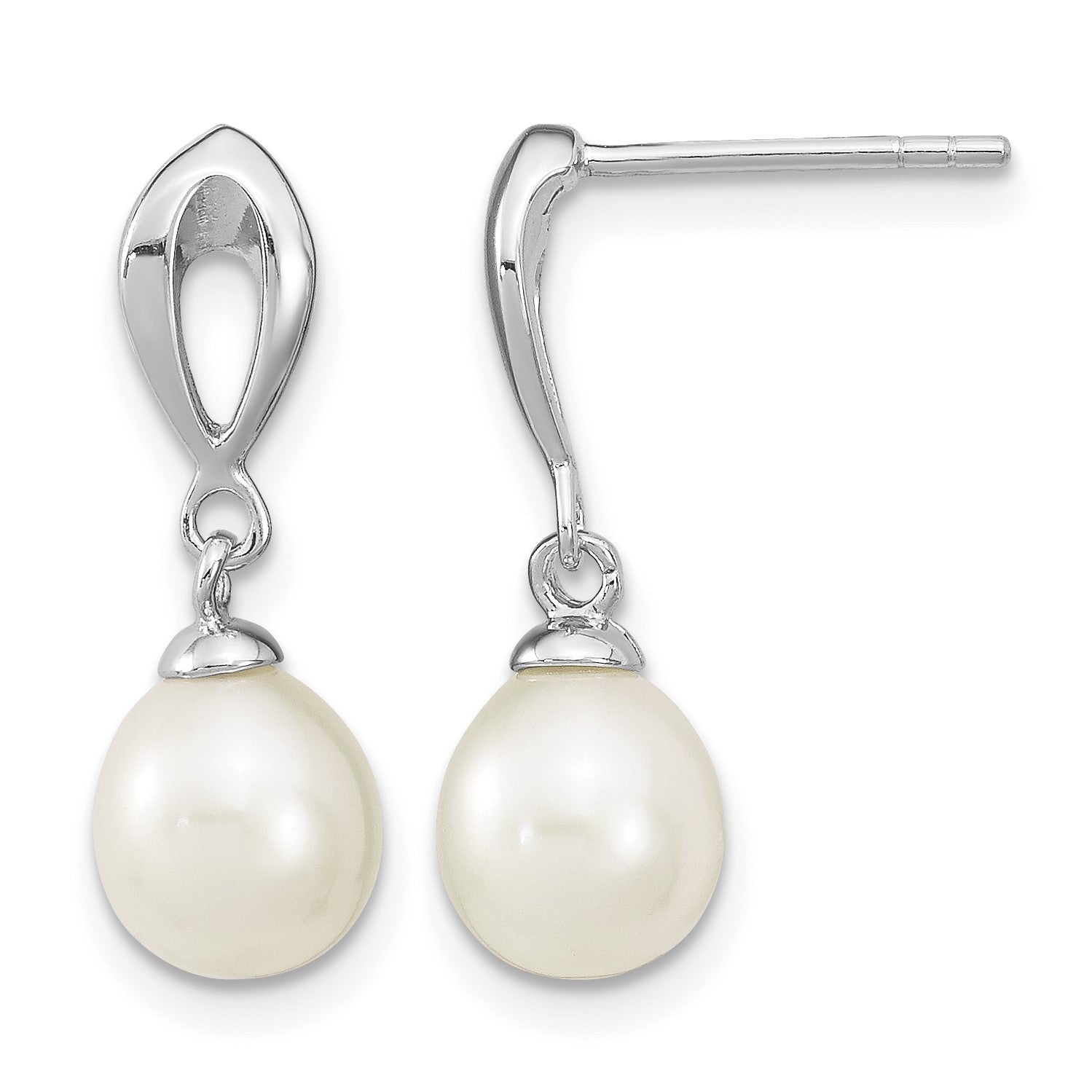 Sterling Silver Rhodium-plated 7-8mm White Rice Freshwater Cultured Pearl Post Dangle Earrings