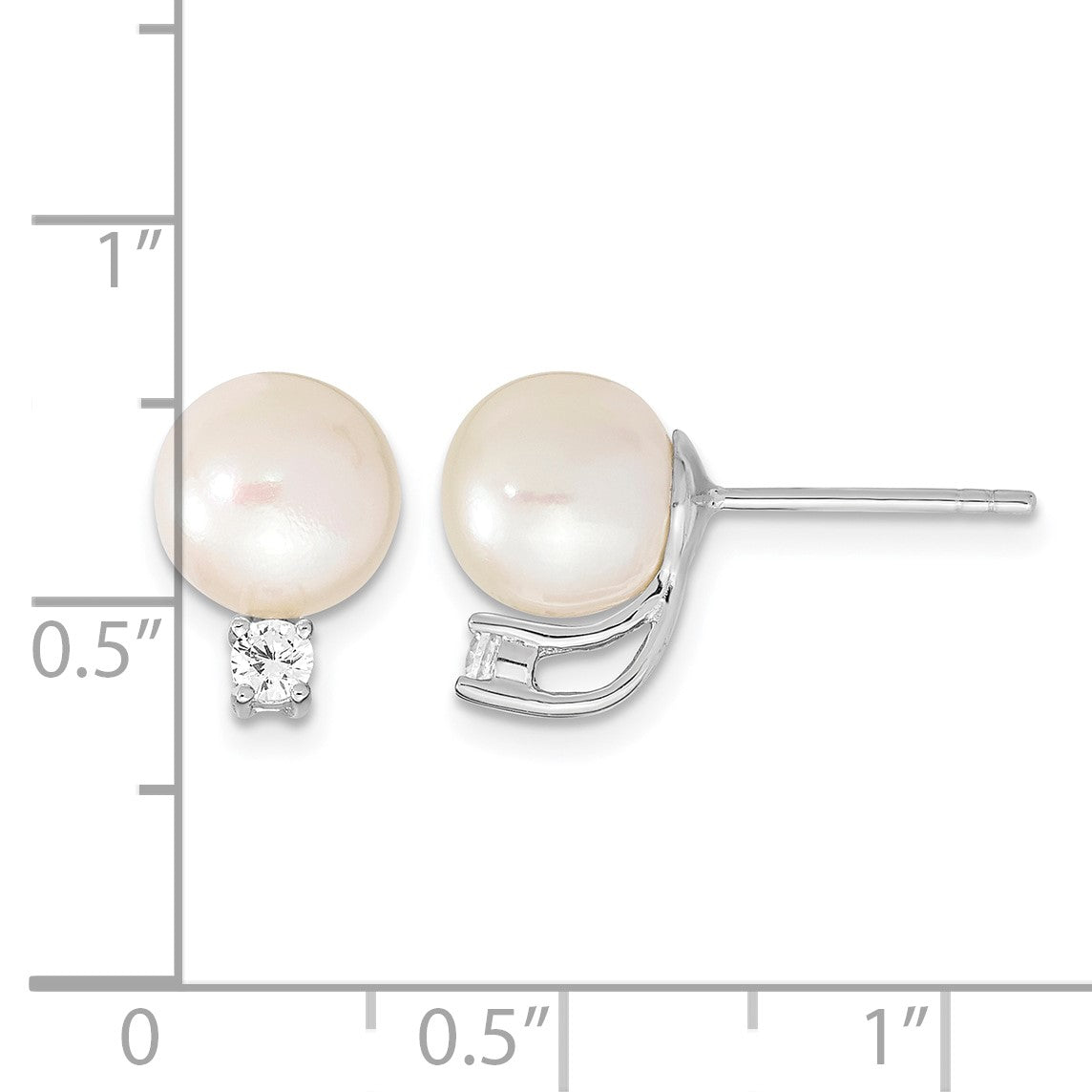 Sterling Silver Rhodium-plated 8-9mm White Semi-Round Freshwater Cultured Pearl and CZ Post Earrings