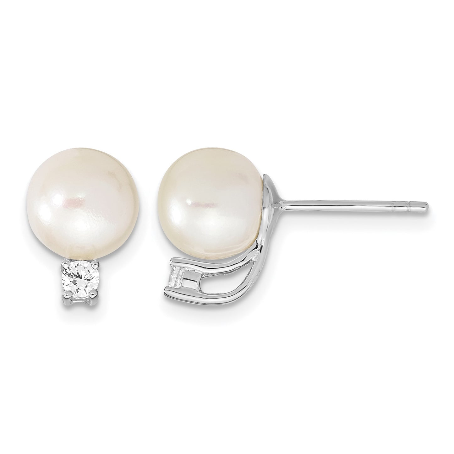 Sterling Silver Rhodium-plated 8-9mm White Semi-Round Freshwater Cultured Pearl and CZ Post Earrings
