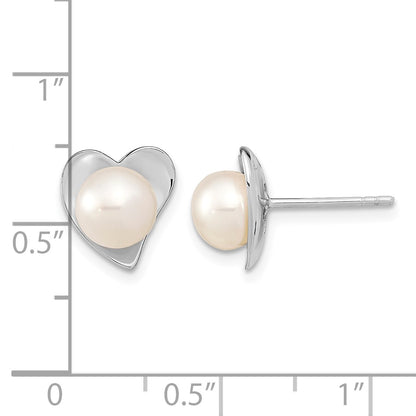 Sterling Silver Rhodium-plated 7-8mm White Button Freshwater Cultured Pearl Heart Post Earrings