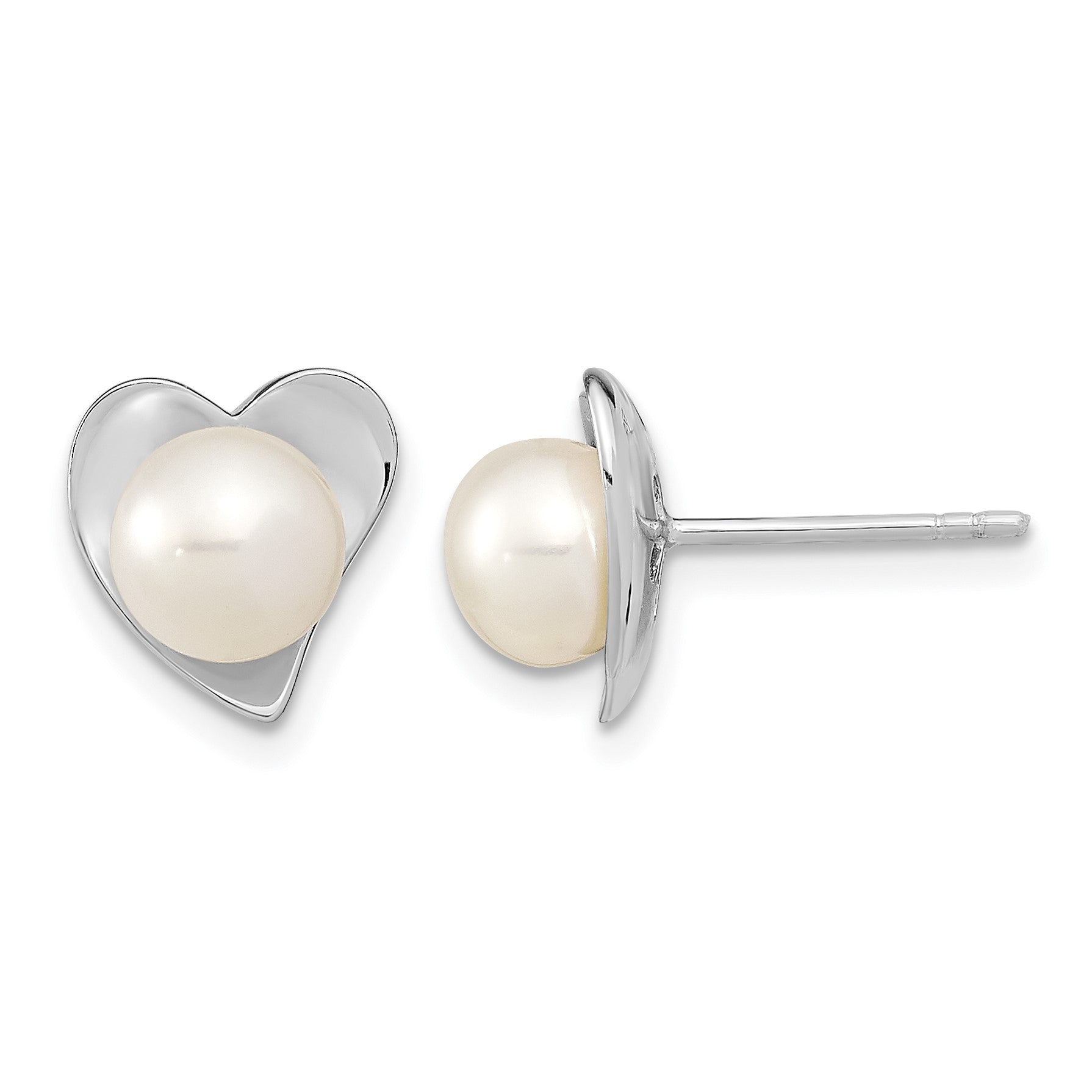 Sterling Silver Rhodium-plated 7-8mm White Button Freshwater Cultured Pearl Heart Post Earrings