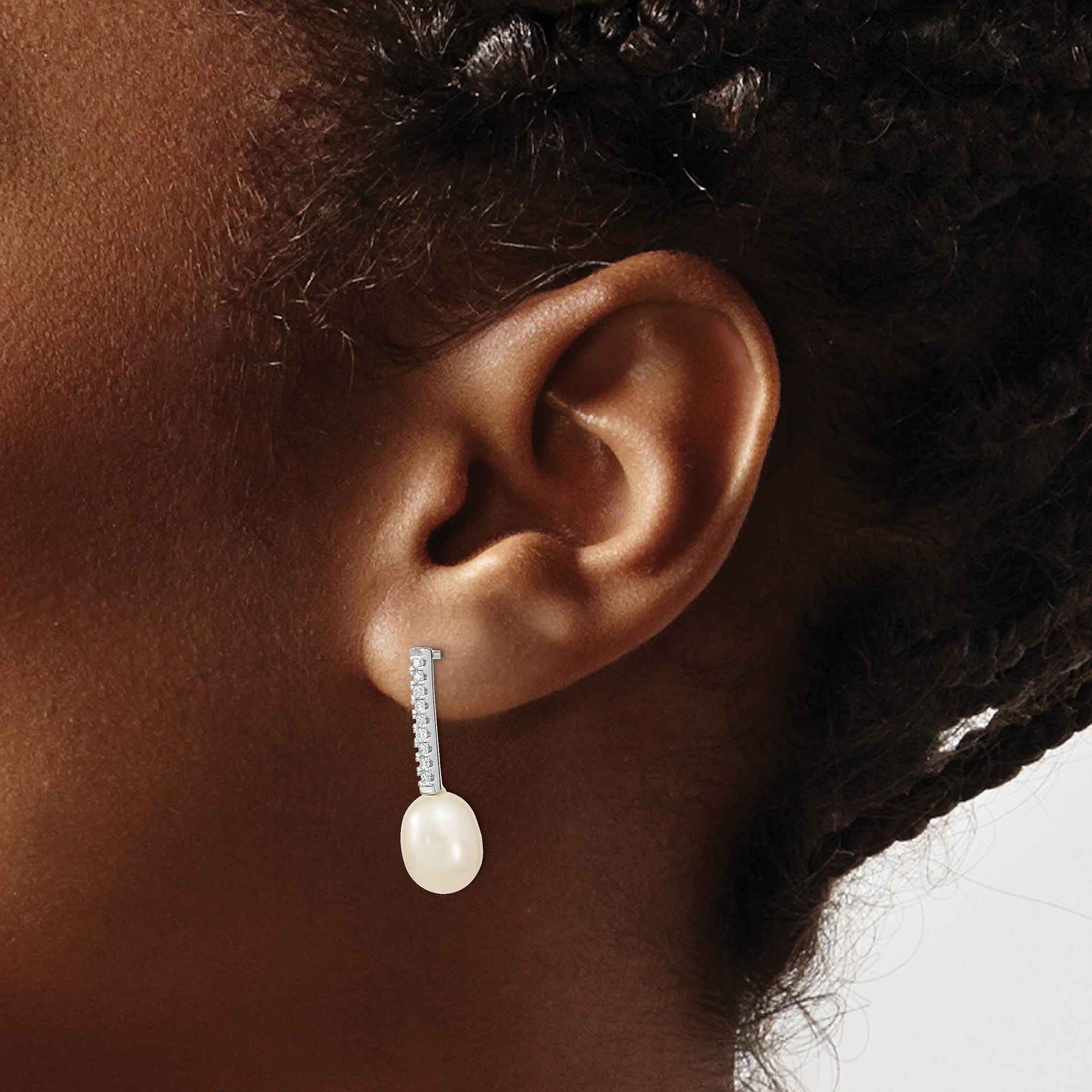 Sterling Silver Rhodium-plated 8-9mm White Rice Freshwater Cultured Pearl and CZ Post Dangle Earrings