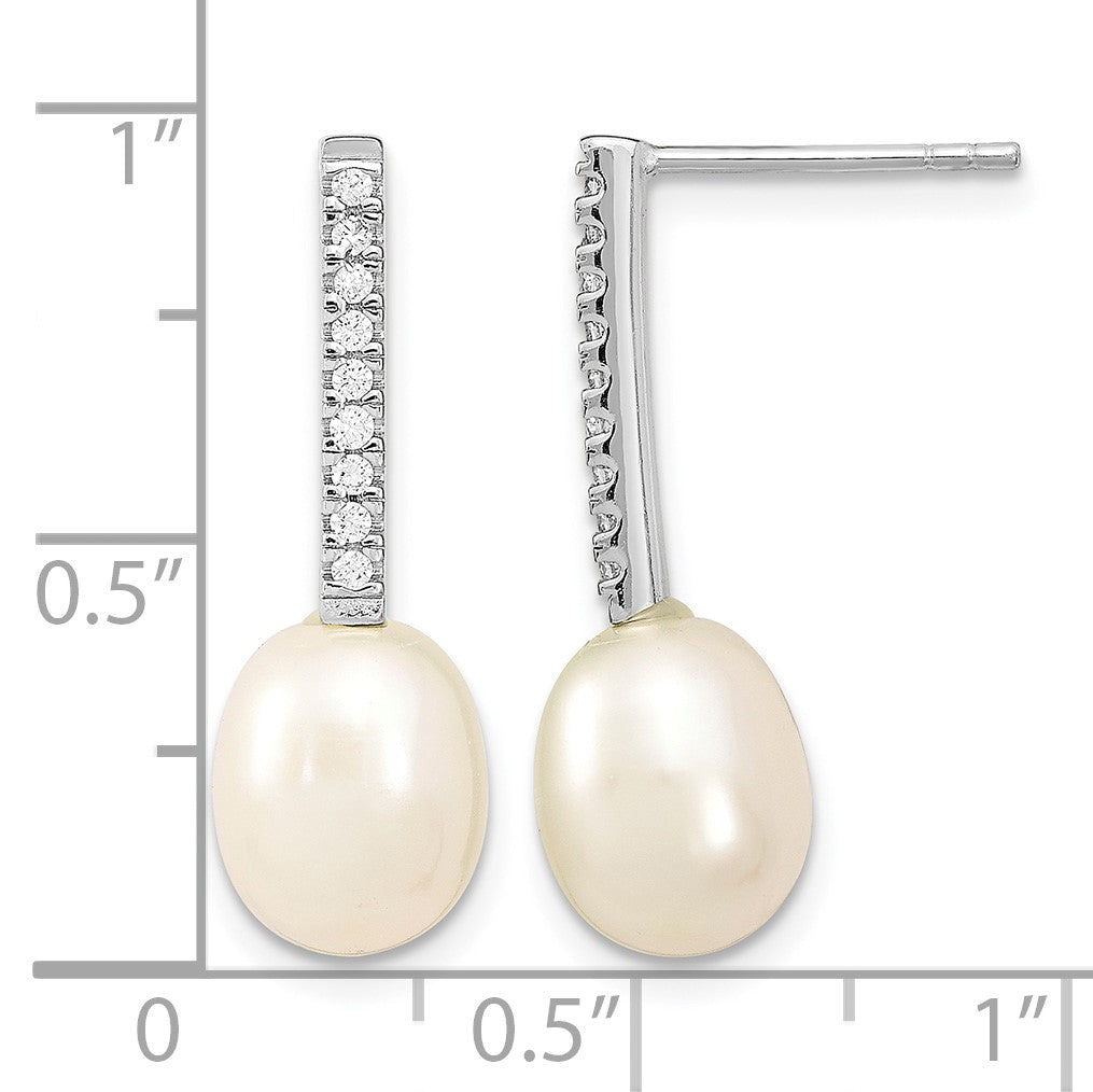 Sterling Silver Rhodium-plated 8-9mm White Rice Freshwater Cultured Pearl and CZ Post Dangle Earrings