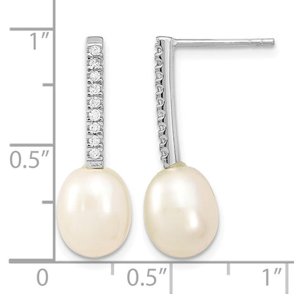 Sterling Silver Rhodium-plated 8-9mm White Rice Freshwater Cultured Pearl and CZ Post Dangle Earrings