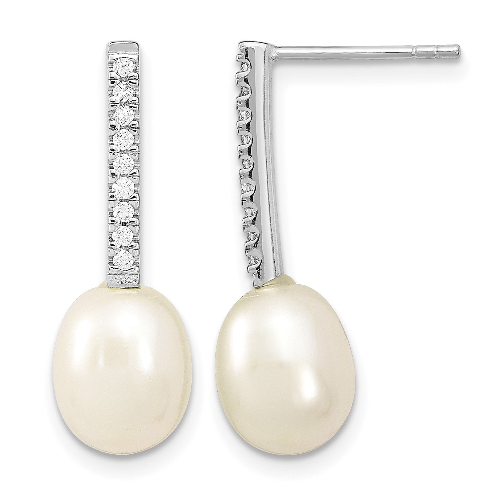 Sterling Silver Rhodium-plated 8-9mm White Rice Freshwater Cultured Pearl and CZ Post Dangle Earrings