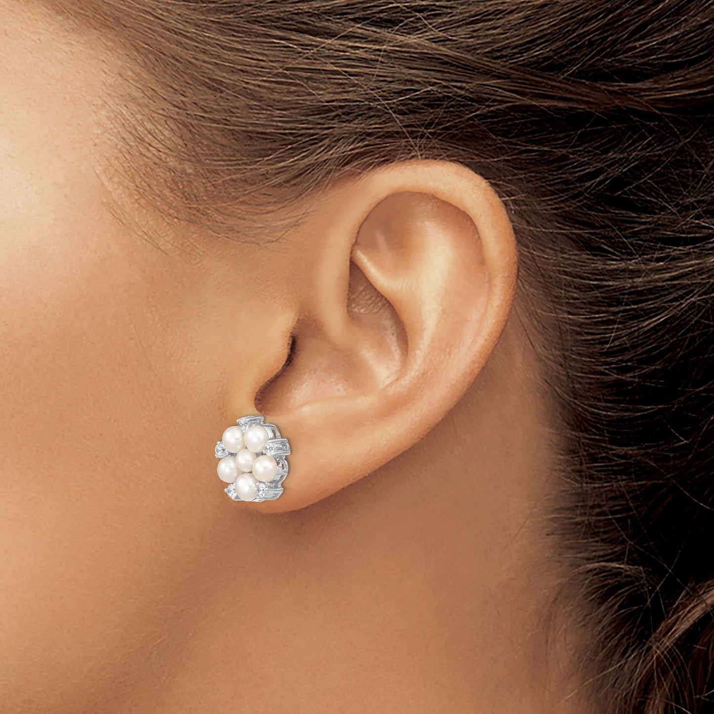Sterling Silver Rhodium-plated 3-5mm White Button Freshwater Cultured Pearl and CZ Flower Post Earrings
