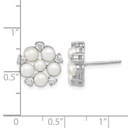 Sterling Silver Rhodium-plated 3-5mm White Button Freshwater Cultured Pearl and CZ Flower Post Earrings