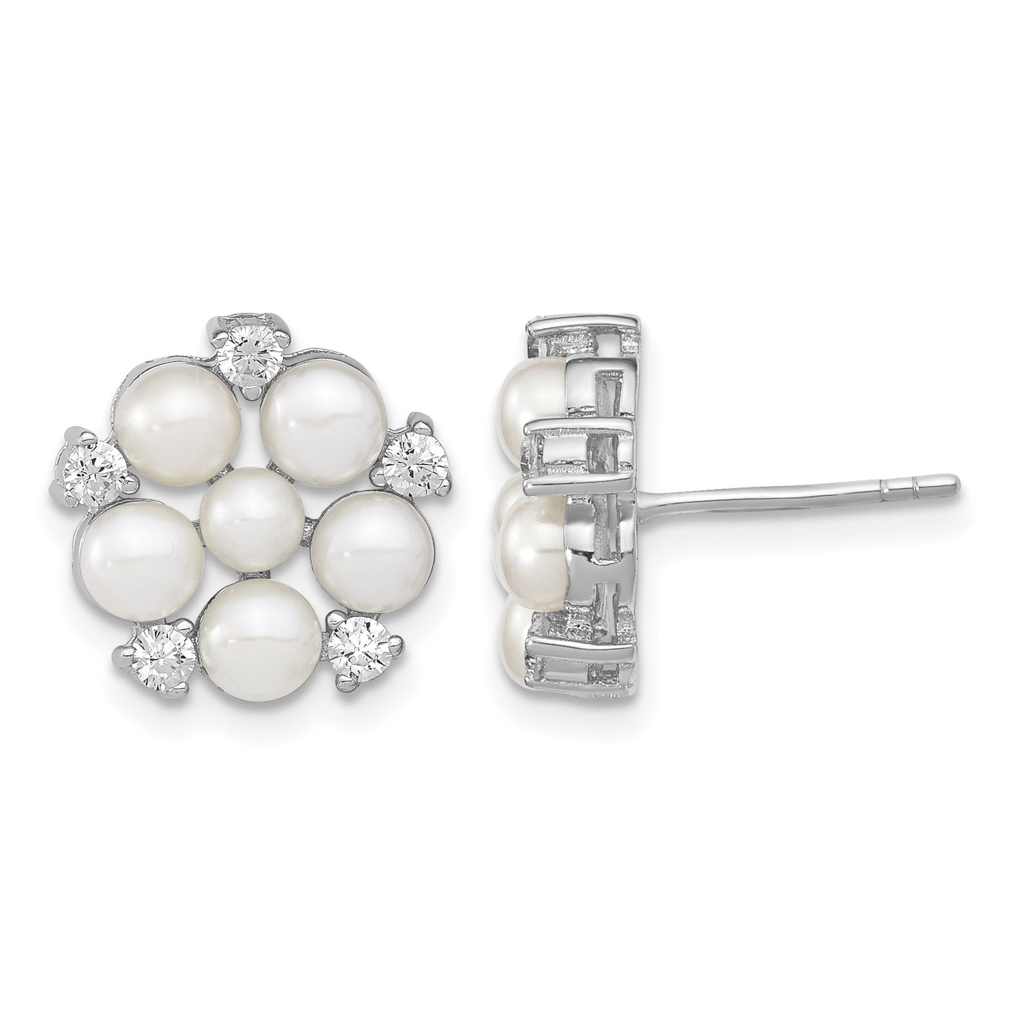 Sterling Silver Rhodium-plated 3-5mm White Button Freshwater Cultured Pearl and CZ Flower Post Earrings