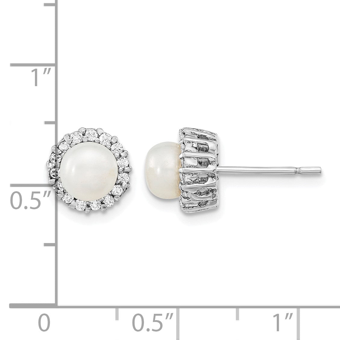 Sterling Silver Rhodium-plated CZ  Synthetic Pearl Post Earrings