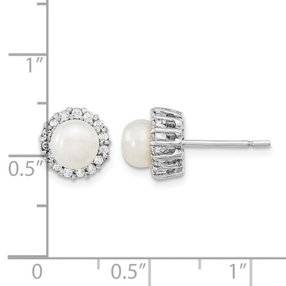 Sterling Silver Rhodium-plated CZ  Synthetic Pearl Post Earrings