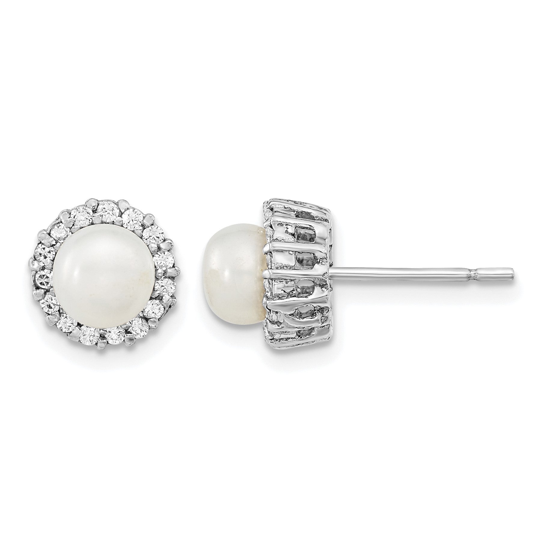 Sterling Silver Rhodium-plated CZ  Synthetic Pearl Post Earrings