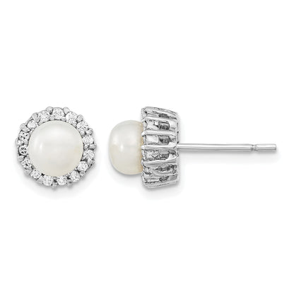 Sterling Silver Rhodium-plated CZ  Synthetic Pearl Post Earrings