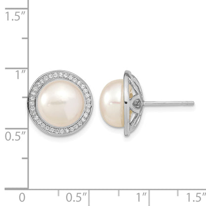 Sterling Silver Rhodium-plated 10-11mm White Button Freshwater Cultured Pearl and CZ Post Earrings