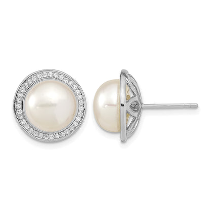 Sterling Silver Rhodium-plated 10-11mm White Button Freshwater Cultured Pearl and CZ Post Earrings