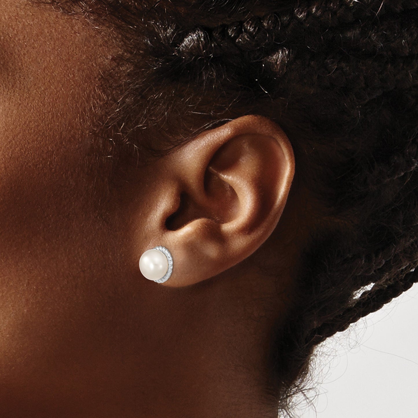 Sterling Silver Rhodium-plated 8-9mm White Button Freshwater Cultured Pearl Post Earrings