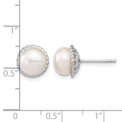 Sterling Silver Rhodium-plated 8-9mm White Button Freshwater Cultured Pearl Post Earrings