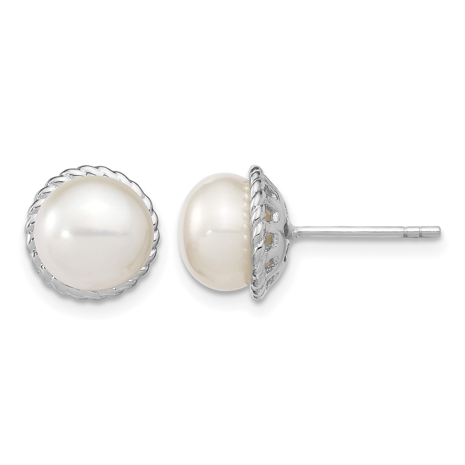 Sterling Silver Rhodium-plated 8-9mm White Button Freshwater Cultured Pearl Post Earrings