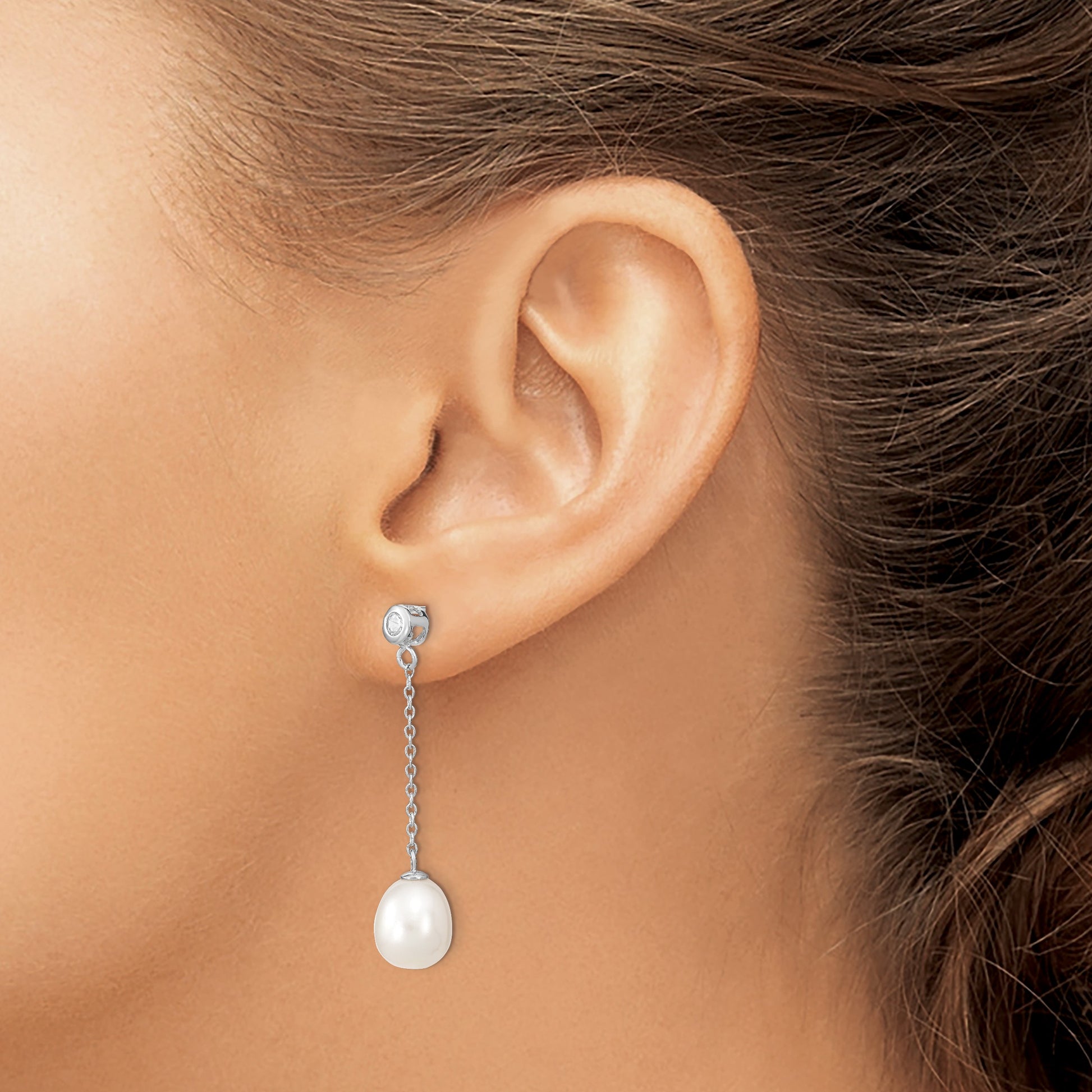 Sterling Silver Rhodium-plated 8-9mm White Rice Freshwater Cultured Pearl and CZ Post Dangle Earrings