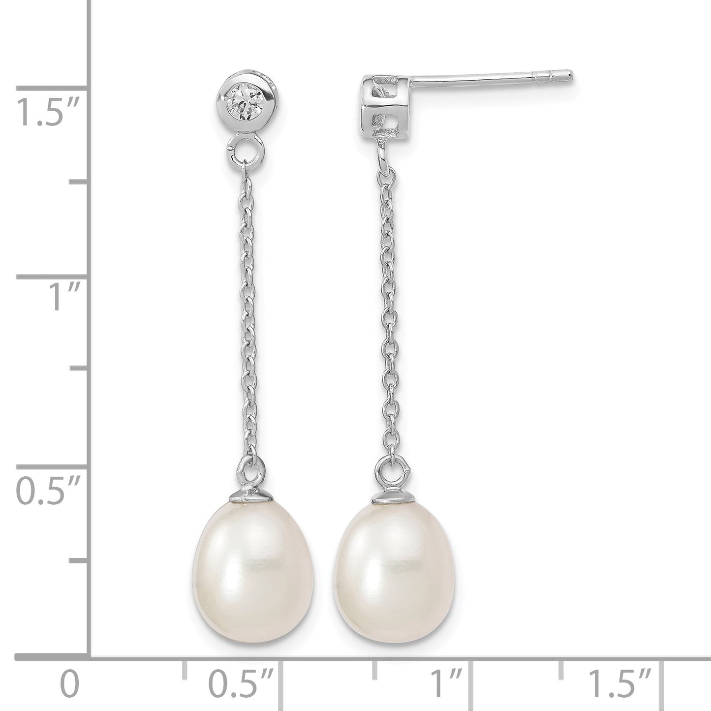 Sterling Silver Rhodium-plated 8-9mm White Rice Freshwater Cultured Pearl and CZ Post Dangle Earrings