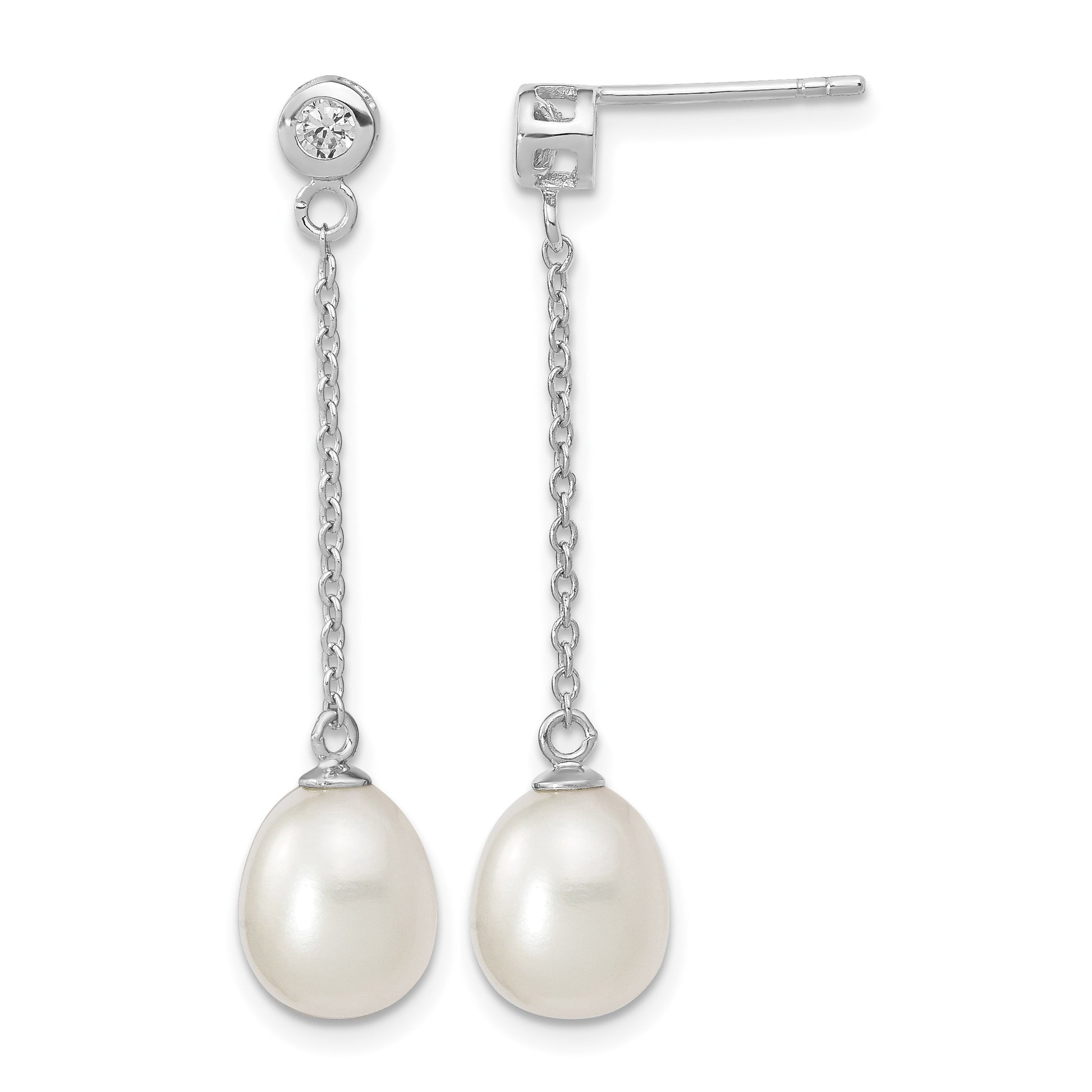 Sterling Silver Rhodium-plated 8-9mm White Rice Freshwater Cultured Pearl and CZ Post Dangle Earrings