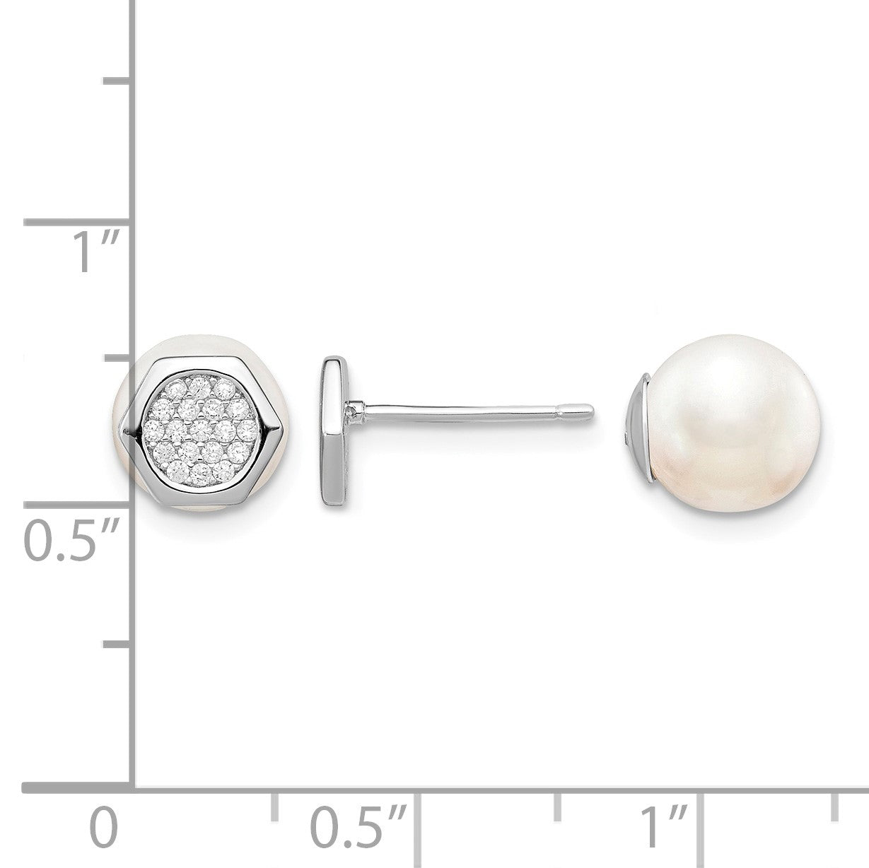 Sterling Silver Rhodium-plated Polished White 8-9mm Imititation Shell Pearl & CZ Hexagon Reversible Post Earrings