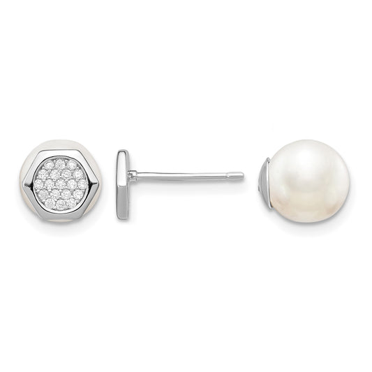 Sterling Silver Rhodium-plated Polished White 8-9mm Imititation Shell Pearl & CZ Hexagon Reversible Post Earrings