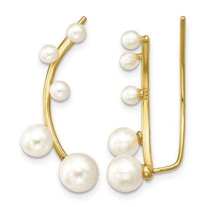 Sterling Silver Gold-tone Flash Gold-plated 3-6mm White Round Freshwater Cultured Pearl Ear Climber Earrings
