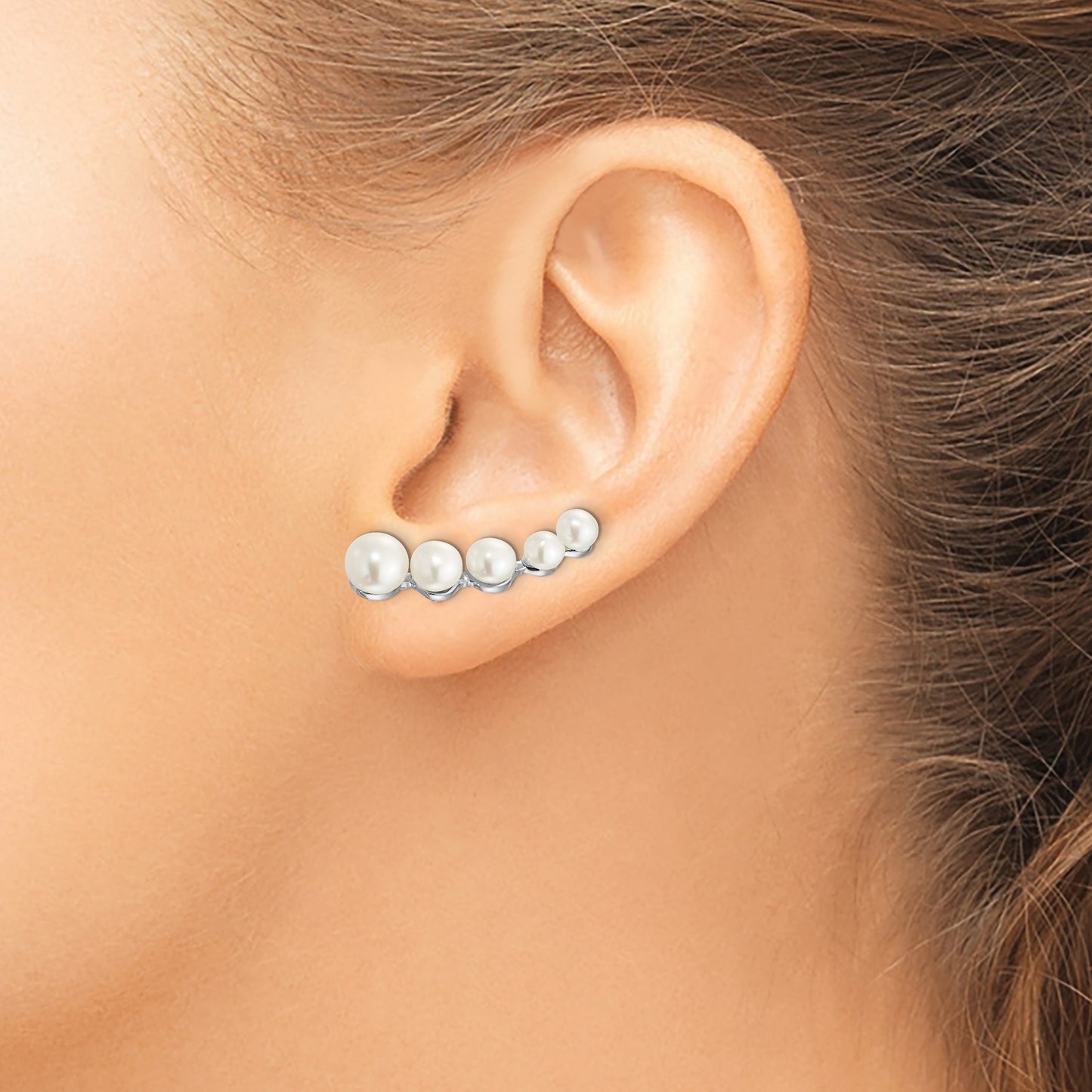 Sterling Silver Rhodium-plated 4-6mm White Freshwater Cultured Pearl Post Ear Climber Earrings