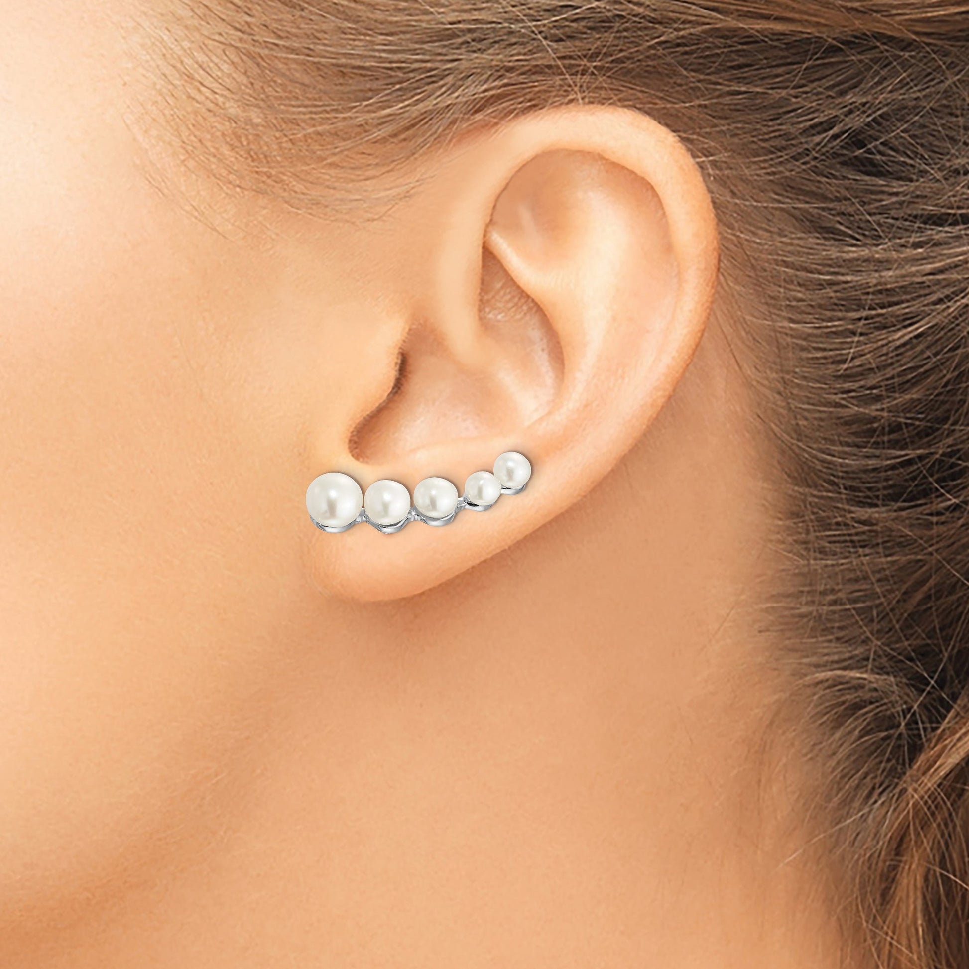 Sterling Silver Rhodium-plated 4-6mm White Freshwater Cultured Pearl Post Ear Climber Earrings