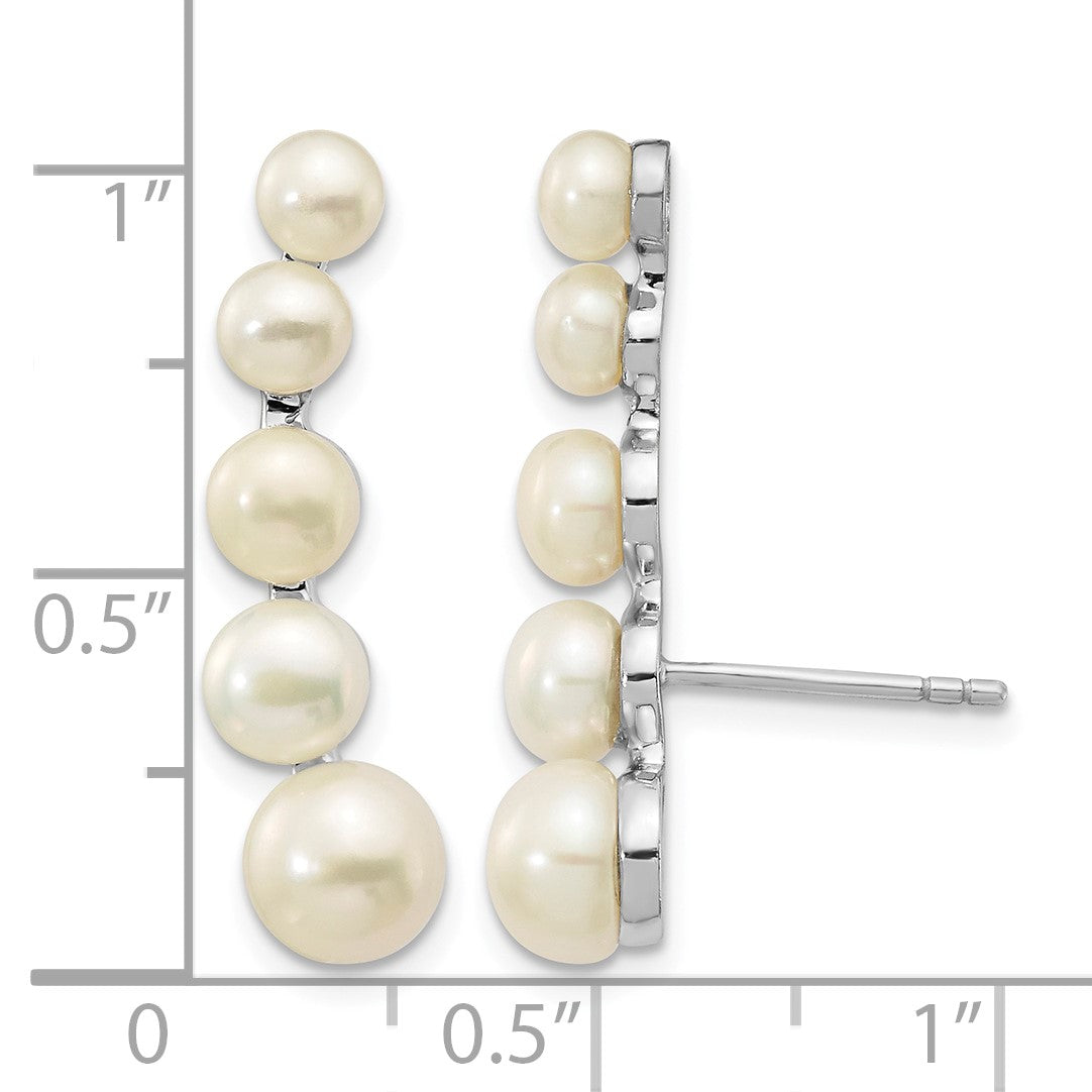 Sterling Silver Rhodium-plated 4-6mm White Freshwater Cultured Pearl Post Ear Climber Earrings