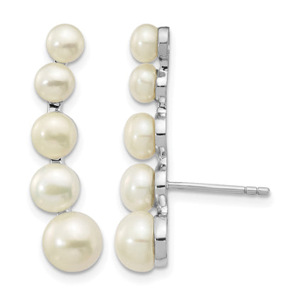 Sterling Silver Rhodium-plated 4-6mm White Freshwater Cultured Pearl Post Ear Climber Earrings