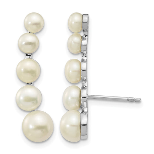Sterling Silver Rhodium-plated 4-6mm White Freshwater Cultured Pearl Post Ear Climber Earrings