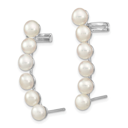 Sterling Silver Rhodium-plated 5-6mm White Button Freshwater Cultured Pearl Post Ear Climber and Cuff Earrings