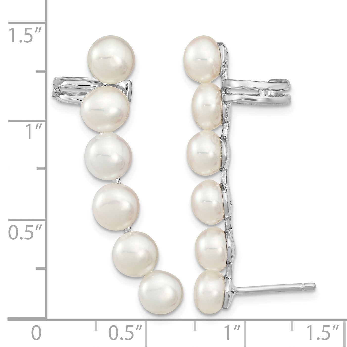 Sterling Silver Rhodium-plated 5-6mm White Button Freshwater Cultured Pearl Post Ear Climber and Cuff Earrings