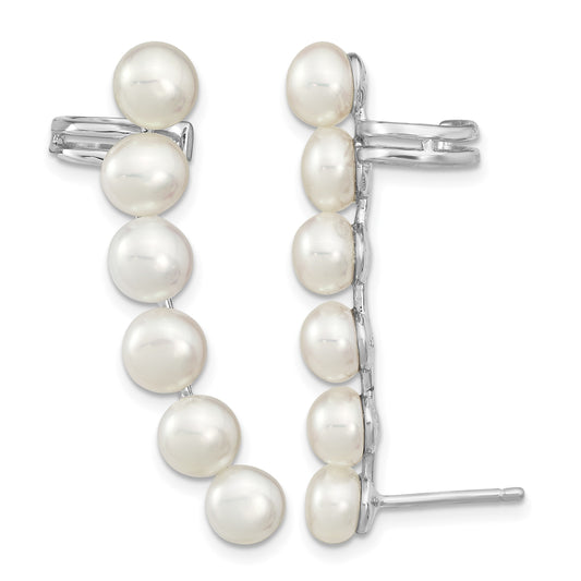 Sterling Silver Rhodium-plated 5-6mm White Button Freshwater Cultured Pearl Post Ear Climber and Cuff Earrings