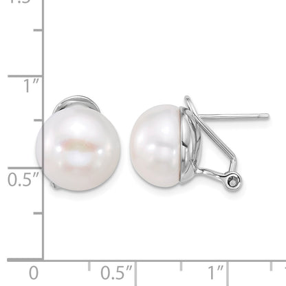 Sterling Silver Rhodium-plated 12-13mm White Button Freshwater Cultured Pearl Omega Back Earrings