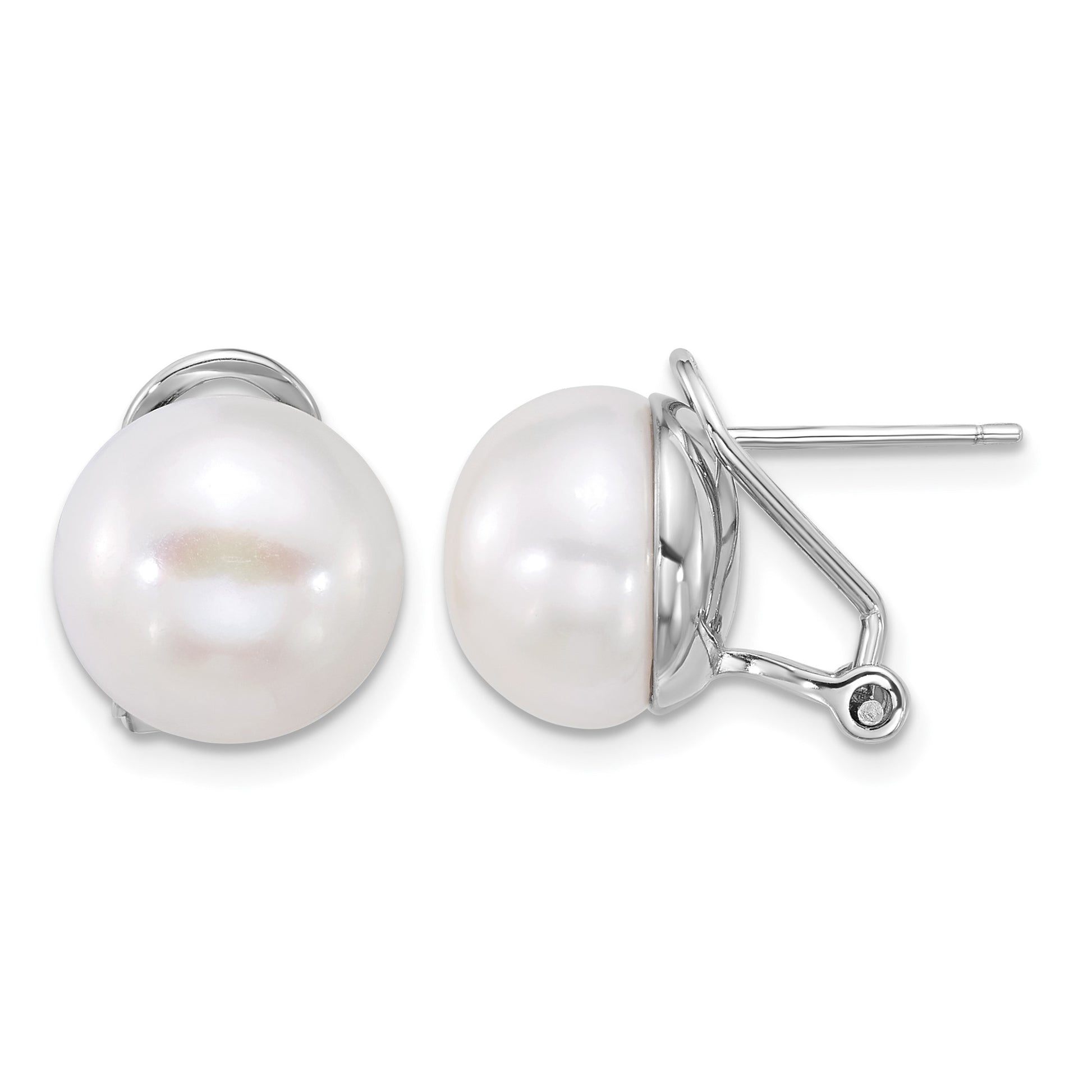 Sterling Silver Rhodium-plated 12-13mm White Button Freshwater Cultured Pearl Omega Back Earrings