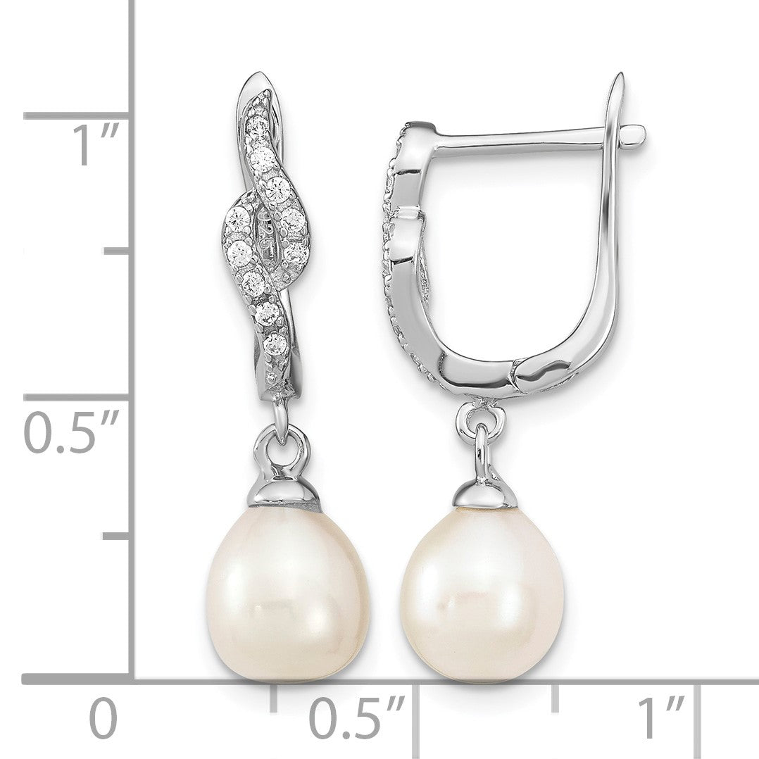 Sterling Silver Rhodium-plated 7-8mm White Teardrop Freshwater Cultured Pearl and CZ Dangle Leverback Earrings