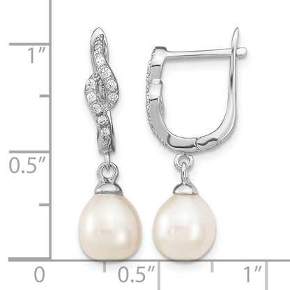Sterling Silver Rhodium-plated 7-8mm White Teardrop Freshwater Cultured Pearl and CZ Dangle Leverback Earrings