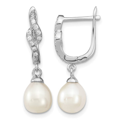 Sterling Silver Rhodium-plated 7-8mm White Teardrop Freshwater Cultured Pearl and CZ Dangle Leverback Earrings