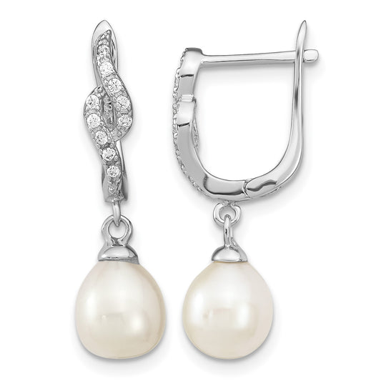 Sterling Silver Rhodium-plated 7-8mm White Teardrop Freshwater Cultured Pearl and CZ Dangle Leverback Earrings