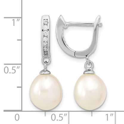 Sterling Silver Rhodium-plated 8-9mm White Rice Freshwater Cultured Pearl and CZ Dangle Hoop Earrings