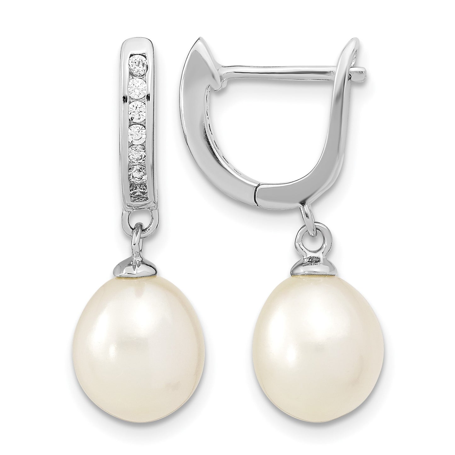 Sterling Silver Rhodium-plated 8-9mm White Rice Freshwater Cultured Pearl and CZ Dangle Hoop Earrings