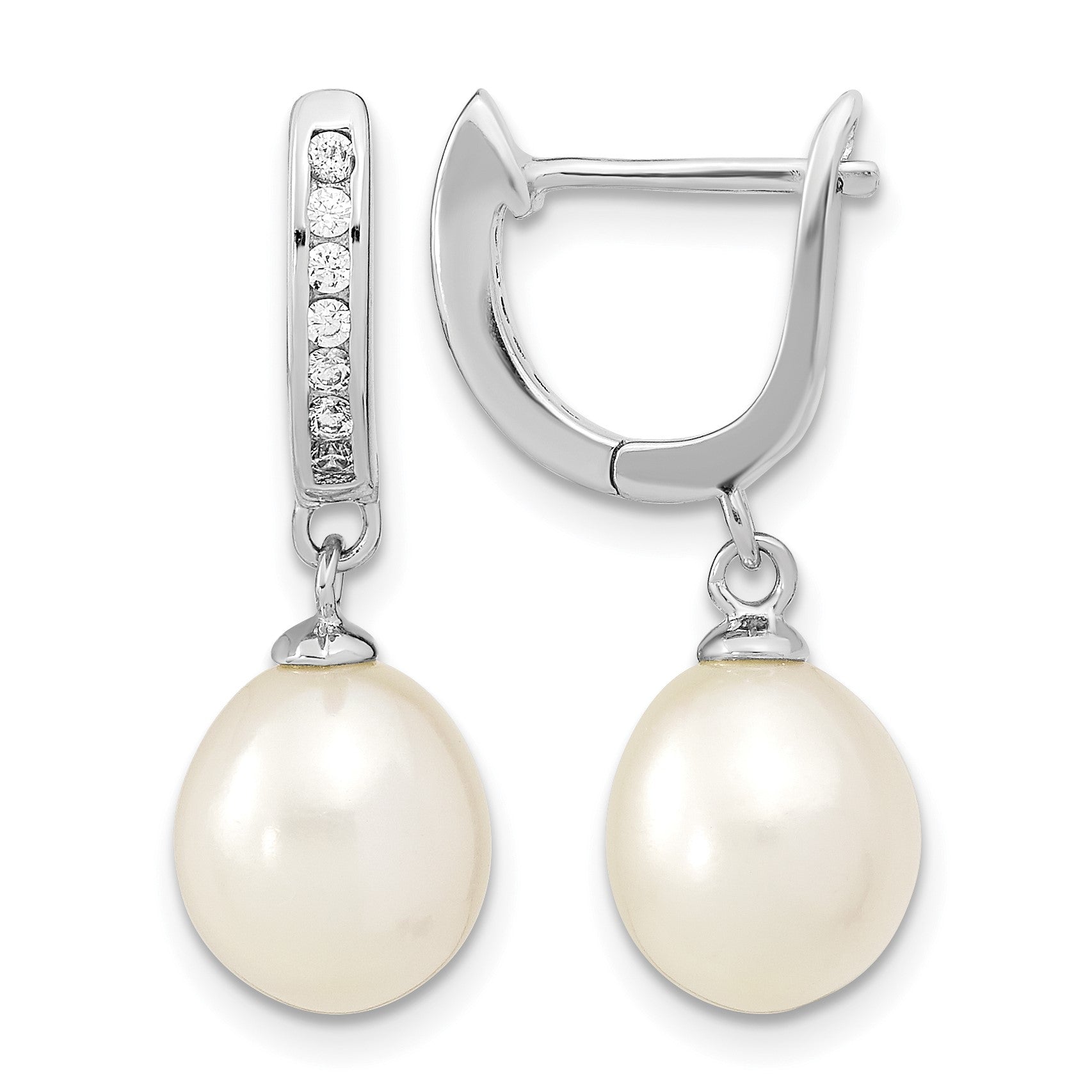 Sterling Silver Rhodium-plated 8-9mm White Rice Freshwater Cultured Pearl and CZ Dangle Hoop Earrings