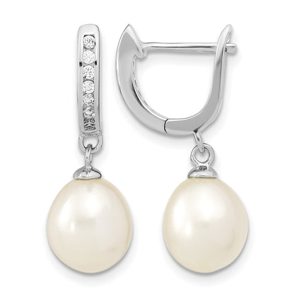 Sterling Silver Rhodium-plated 8-9mm White Rice Freshwater Cultured Pearl and CZ Dangle Hoop Earrings