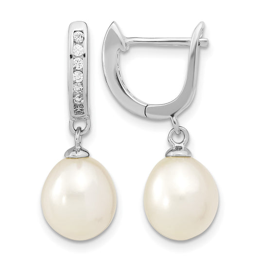 Sterling Silver Rhodium-plated 8-9mm White Rice Freshwater Cultured Pearl and CZ Dangle Hoop Earrings